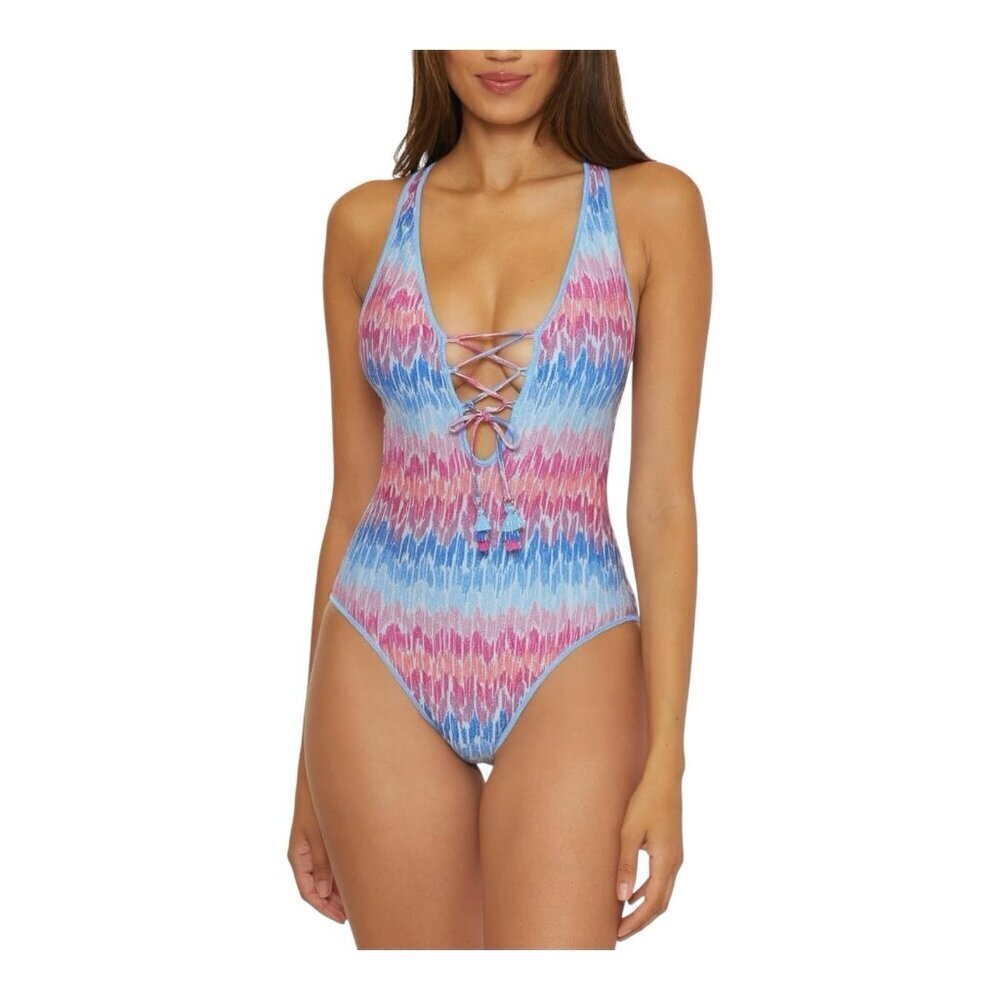 Becca Joshua Tree One-Piece Swimsuit Medium Plunge Neck Tie Back Adjustable NWT